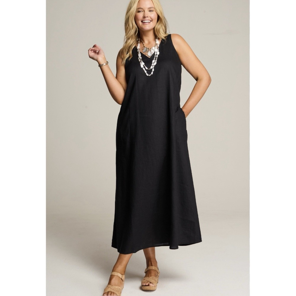 J Jill Love Linen V Neck Sleeveless Linen Maxi Dress Sz Large Black Resort